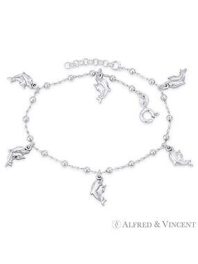 Mom & Baby Dolphin, Bead, & Cable Chain Charm Anklet in .925 Sterling Silver-9"